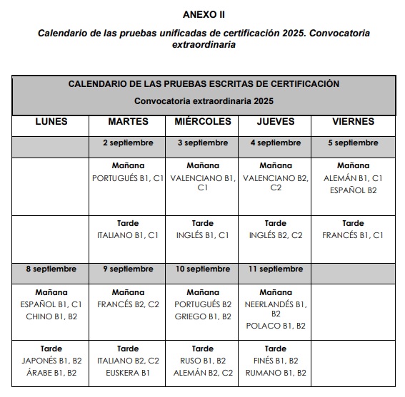 Calendario de las pruebas unificadas de certificación 2025. Convocatoria
extraordinaria