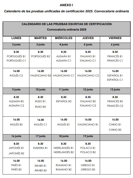 Calendario de las pruebas unificadas de certificación 2025. Convocatoria ordinaria