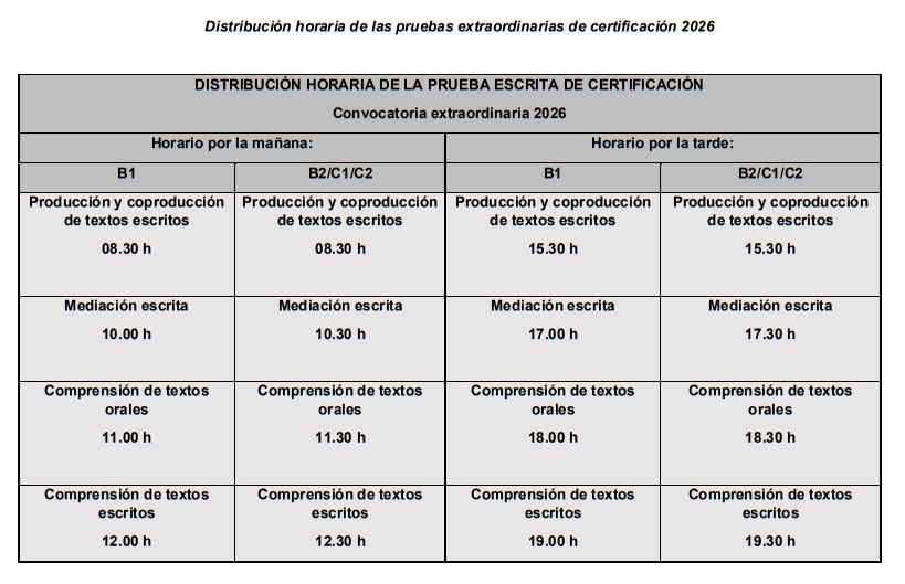 Distribución horaria de las pruebas extraordinarias de certificación 2026